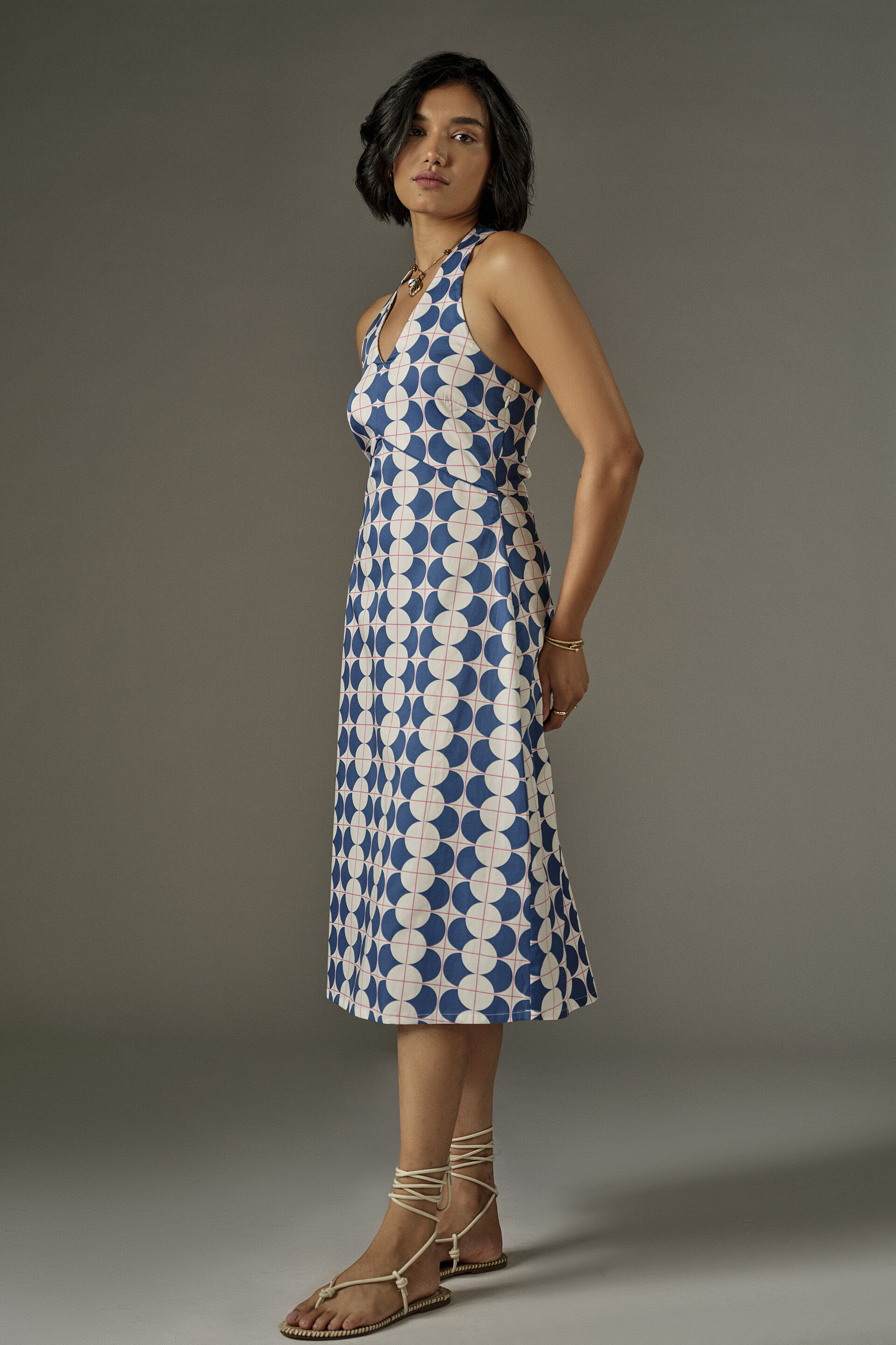 Geometric Print Halter Cotton Dress in Blue, Blue, image 3